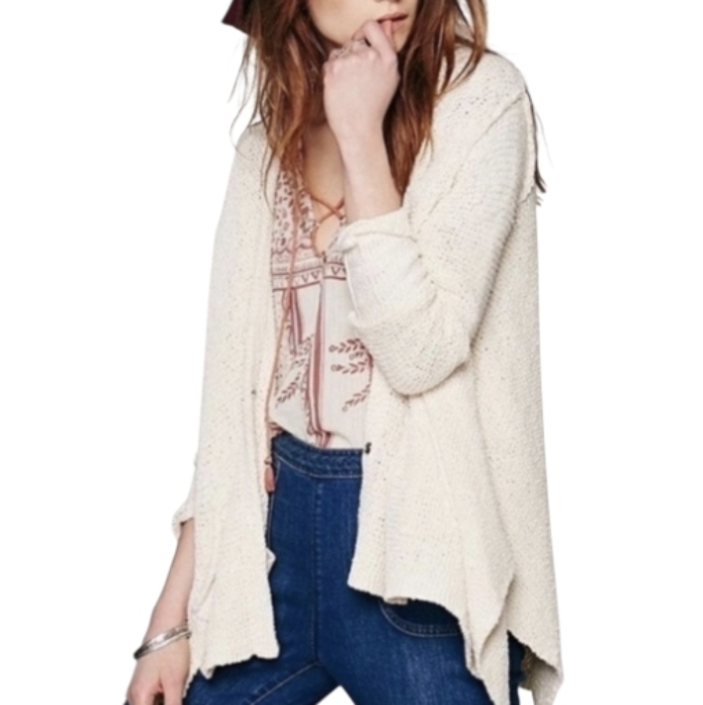Free People XS Cream Cardigan Sweater Snap Buttons Hippie Wool Knit Cozy Neutral